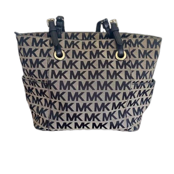 Michael Kors Handbags - Michael Kors Jet Set Black and Tan Monogram Tote